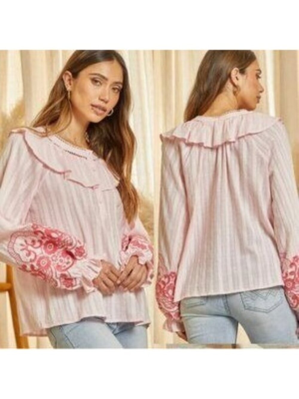 Pink Ruffle Long Sleeve Blouse With Embroidered Sleeves By Savannah Jane